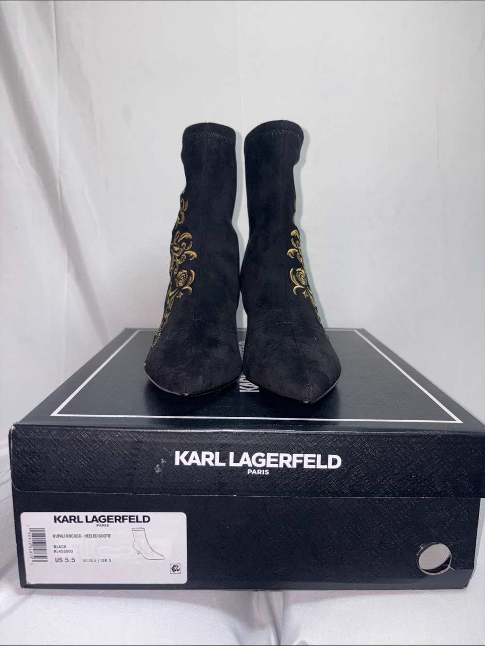 Karl Lagerfeld Black Stretch Sock Booties with Gold Embroidery